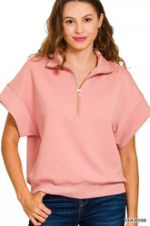 Scuba High Neck Half Zip Short Sleeve Top With Plus Size ZENANA TAN ROSE S